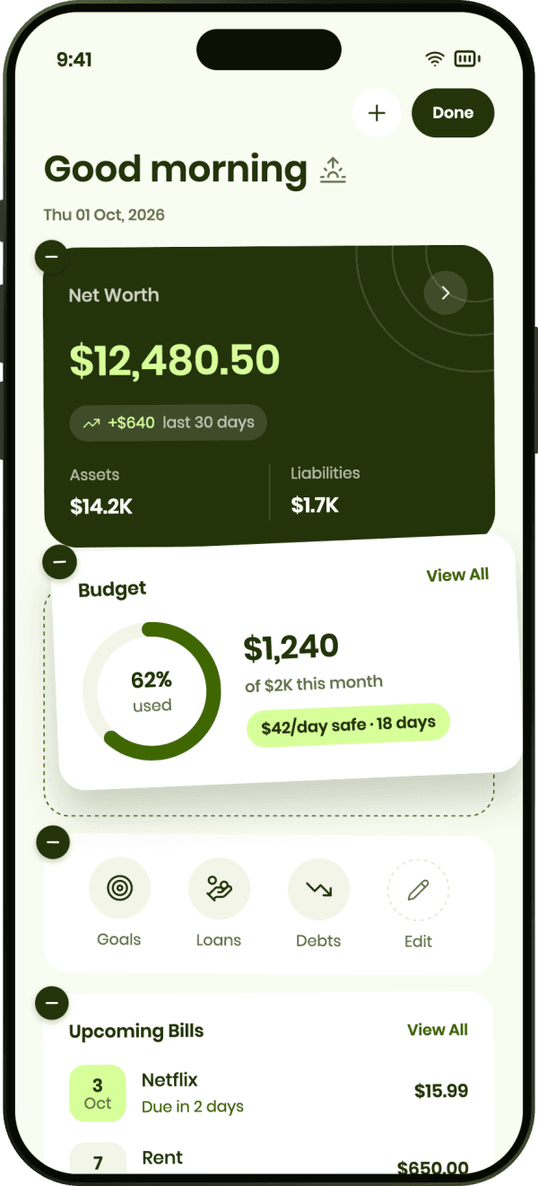 Pocketa-Dashboard im Bearbeitungsmodus, ein Budget-Widget wird an eine neue Position gezogen
