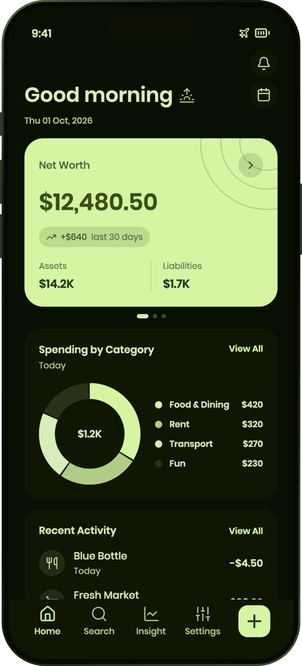 Pocketa-Dashboard im Dunkelmodus mit aktivem Flugmodus, zeigt Nettovermögen und Ausgaben nach Kategorie